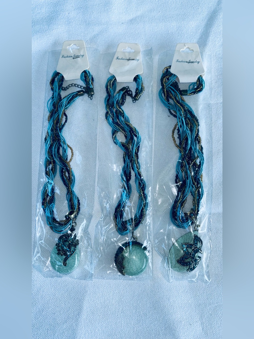 Fashion Jewelry Teal, Blue & Gold Braided Pendant Necklace